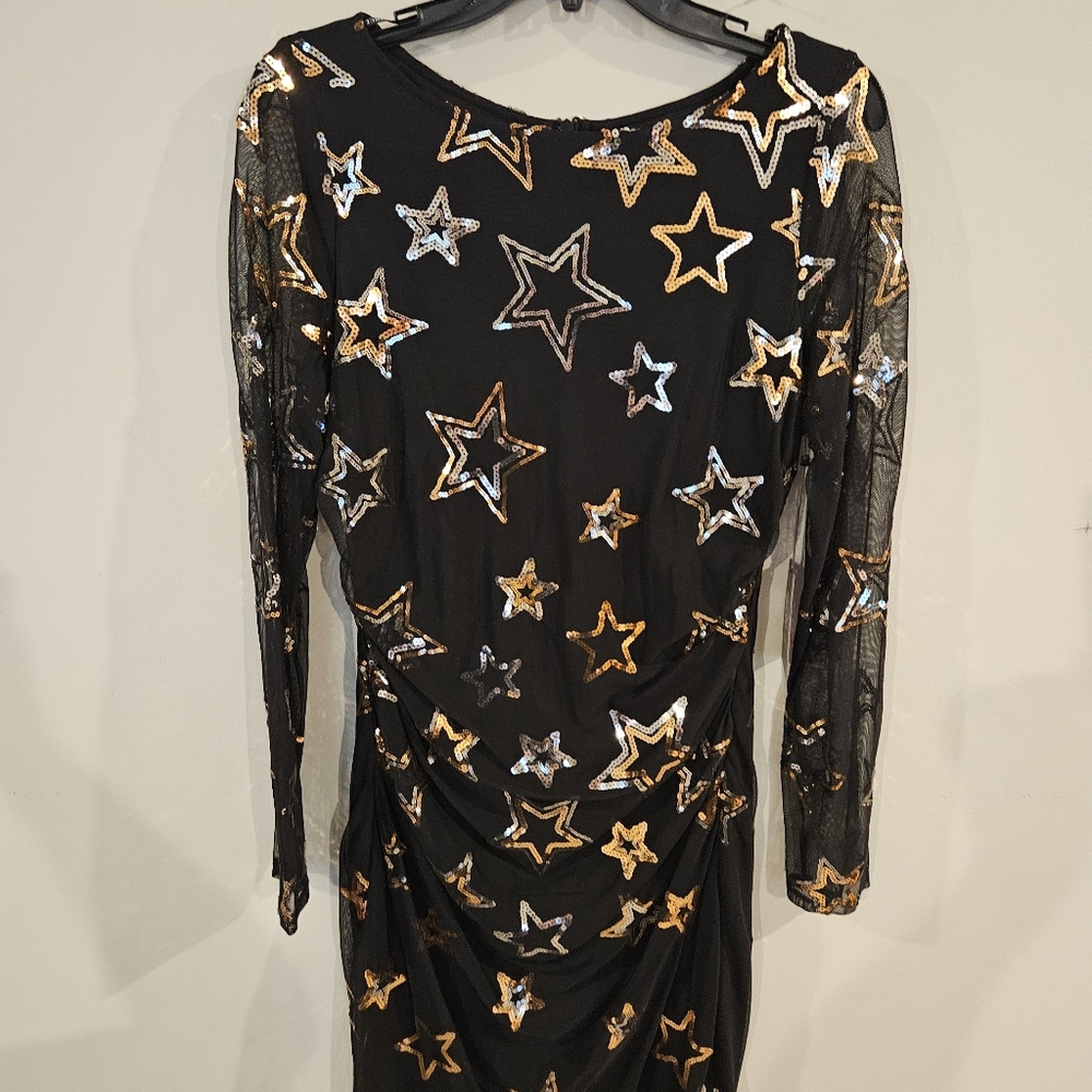 Vince Camuto Sequined Stars Mesh Bodycon‎ Midi Dress: Black/Gold/Silver: Size-12